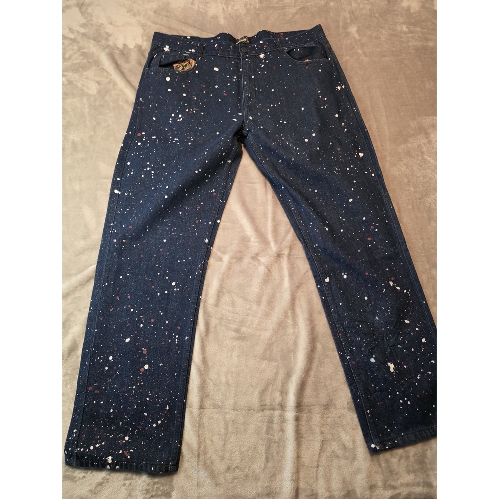 Diamond Stash Jeans Men's 40x32 Blue Paint Splatter Straight Leg Denim